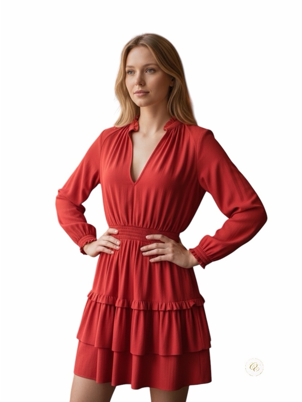Maje Red Mini Dress | Smocked Waist |Long Sleeve | Tiered Skirt | Size 36 US S